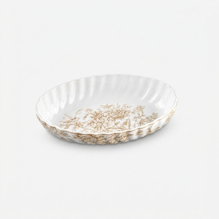 مرغخوری گلد کیش طرح سارینا کد GK701143-6 ظرف سرو بیضی لبه موجدار با نقش گل و پرنده مناسب سرو مرغ و استیک