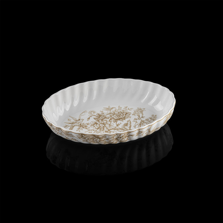 مرغخوری گلد کیش طرح سارینا کد GK701143-6 ظرف سرو بیضی لبه موجدار با نقش گل و پرنده مناسب سرو مرغ و استیک