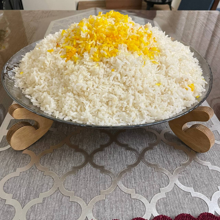 دیس برنج پایه دار مدل سولو کد 2، سرو شیشهای با پایه پلی وود، مناسب شستشو با دست و ماشین ظرفشویی