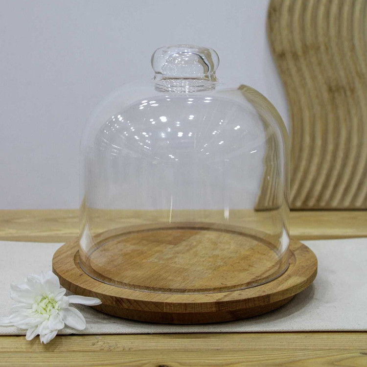 ظرف سرو پنیر پایه چوبی با درپوش شیشهای شفاف، ابعاد 17.5×17.5×16، وزن 500 گرم، مناسب شستشو با دست، فرم دایرهای