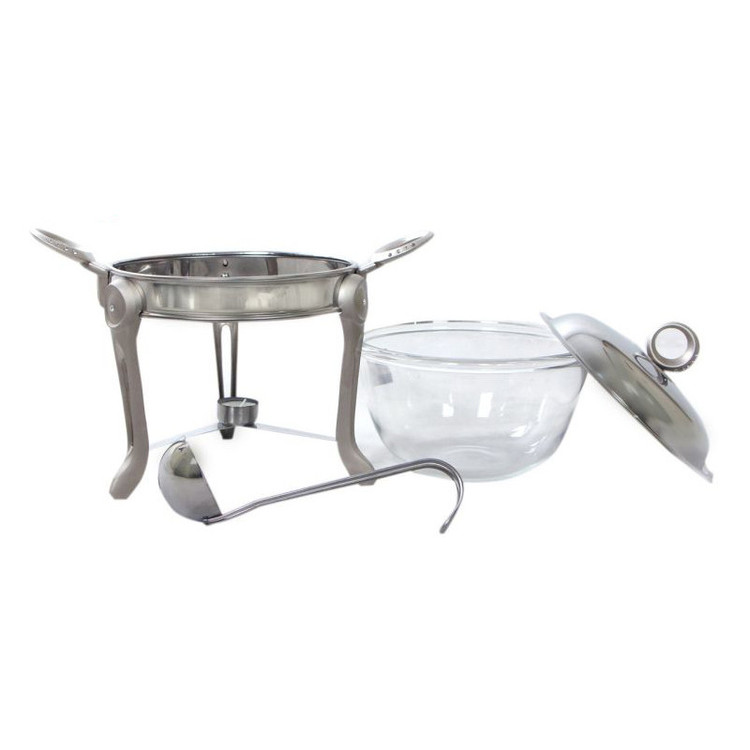 ظرف سوفله و سوپ استیل ضدزنگ با پیرکس نسوز و وارمر، مدل 9358، ظرفیت 4 لیتر، مناسب فر و مایکروویو، همراه ملاقه استیل و شمع وارمر