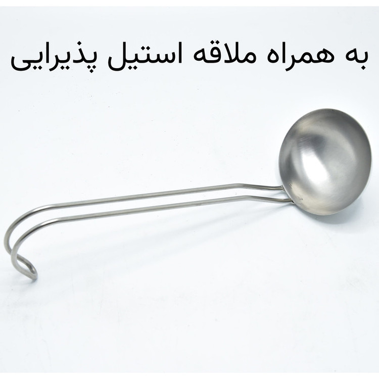 سوپخوری شیشهای با درپوش و پایه استیل، همراه با ملاقه، قابل شستشو با دست و ماشین ظرفشویی
