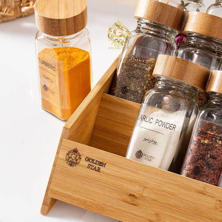 ست جای ادویه 12 پارچه گلدن استار مدل تمام بامبو کد PORO-500 به همراه جعبه کادویی