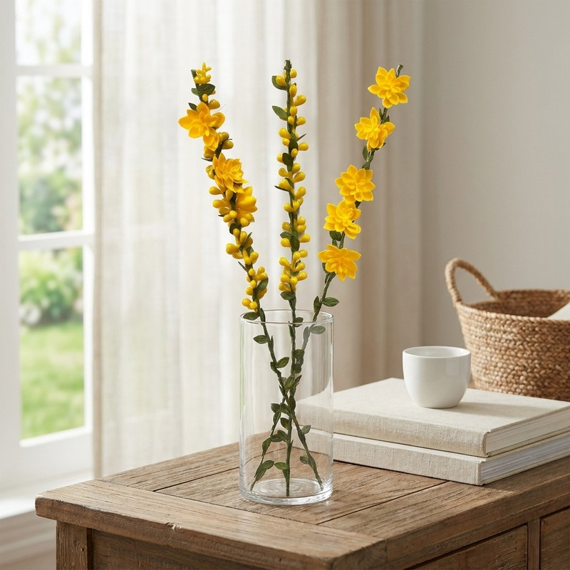 گل مصنوعی شاخه‌ای گل و غنچه، مجموعه 3 عددی، ابعاد 5×2×40 سانتی‌متر، وزن 100 گرم