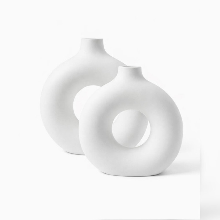 گلدان دکوری مدل donut بسته 2 عددی رومیزی سفالی بیضی مناسب گلهای آپارتمانی، ابعاد 21×21×21 سانتیمتر، وزن 200 گرم، مناسب گل خشک و تزئینی