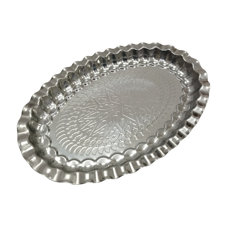 سینی بدون دسته مدل بیضی استیل طرح سنتی کد 73 سایز 25*37 سانتیمتر