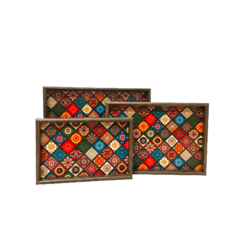 سینی مدل چوبی طرح چاپی سنتی مجموعه 3 عددی