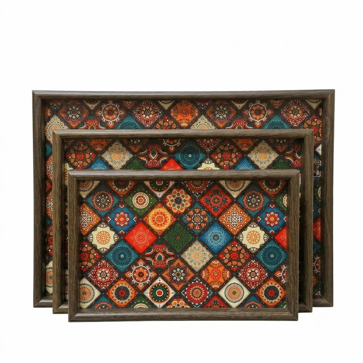 سینی مدل چوبی طرح چاپی سنتی مجموعه 3 عددی