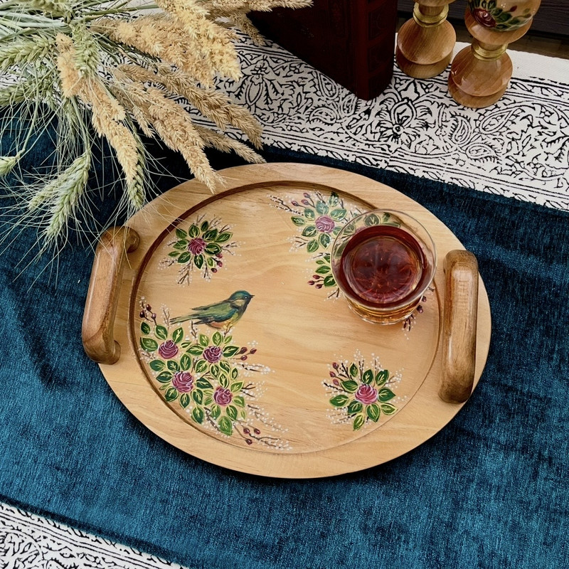 سینی دسته دار مدل نقاشی مدل گل و مرغ سایز 27*21 سانتی متر