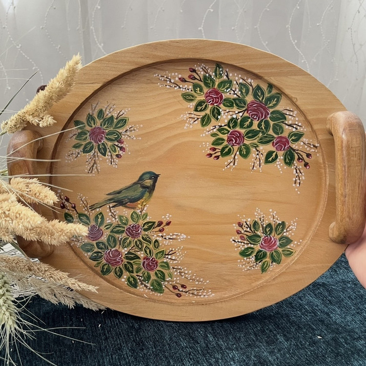 سینی دسته دار مدل نقاشی مدل گل و مرغ سایز 27*21 سانتی متر