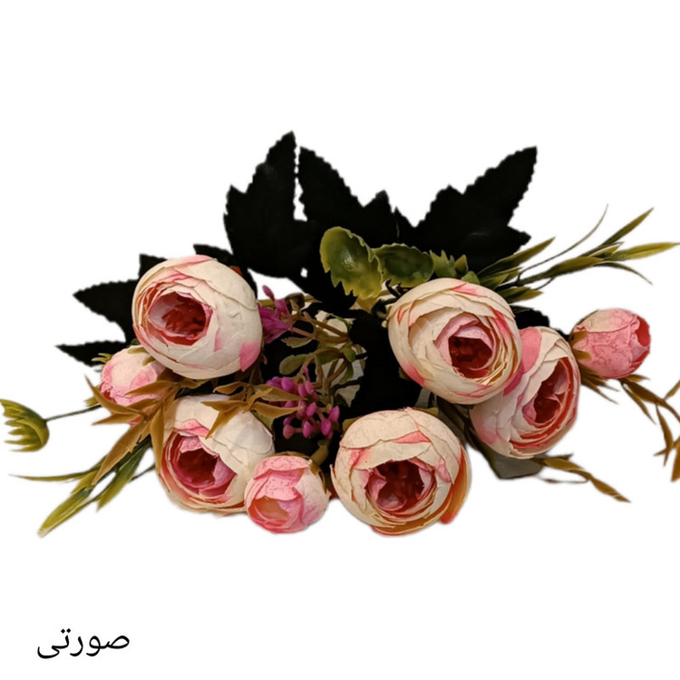 گل مصنوعی بوته نسترن مینیاتوری، 8 گل با 5 بازو، گلهای پارچهای و ساقه پلاستیکی، ارتفاع 25 سانتیمتر، قطر سرگل 3 سانتیمتر مناسب گلدان کوچک رومیزی و دیزاین دسته گل