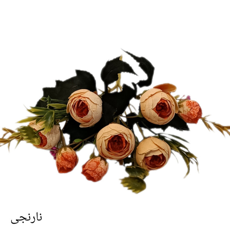 گل مصنوعی بوته نسترن مینیاتوری، 8 گل با 5 بازو، گلهای پارچهای و ساقه پلاستیکی، ارتفاع 25 سانتیمتر، قطر سرگل 3 سانتیمتر مناسب گلدان کوچک رومیزی و دیزاین دسته گل