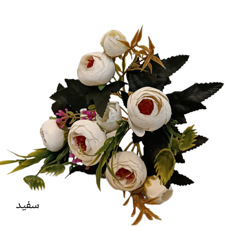 گل مصنوعی بوته نسترن مینیاتوری، 8 گل با 5 بازو، گلهای پارچهای و ساقه پلاستیکی، ارتفاع 25 سانتیمتر، قطر سرگل 3 سانتیمتر مناسب گلدان کوچک رومیزی و دیزاین دسته گل