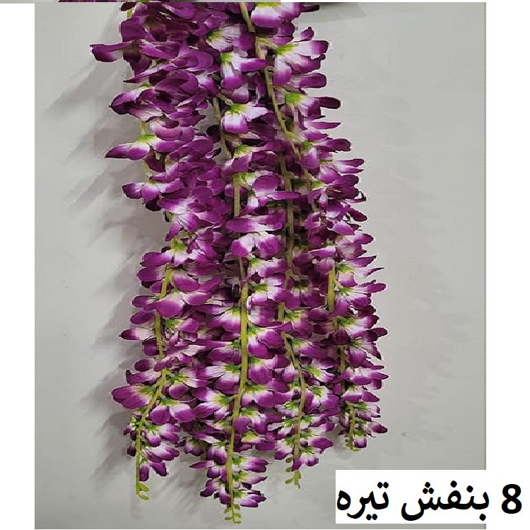 گل مصنوعی مدل آویز ارکیده با 5 شاخه گلدار، قابل تنظیم، قابل شستشو و انعطاف پذیر، مناسب فضای باز و گلهای آپارتمانی با نصب دیواری، آویزی و ایستاده، ابعاد 85x23x5 سانتیمتر و وزن 110 گرم