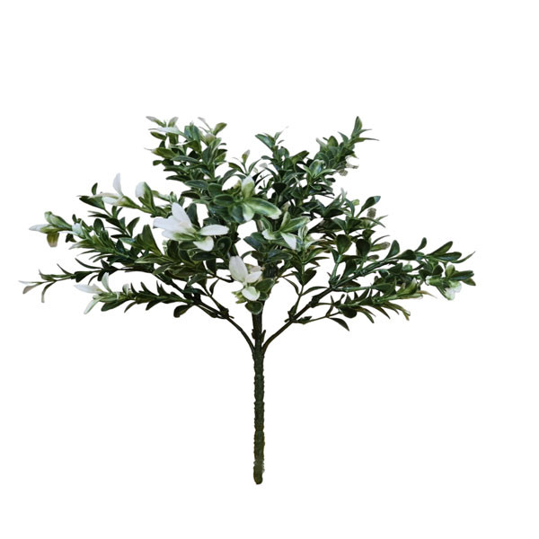 گل مصنوعی بوته اناری پلاستیکی با 6 شاخه پر برگ، ابعاد 15×15×34 سانتی‌متر و وزن 50 گرم