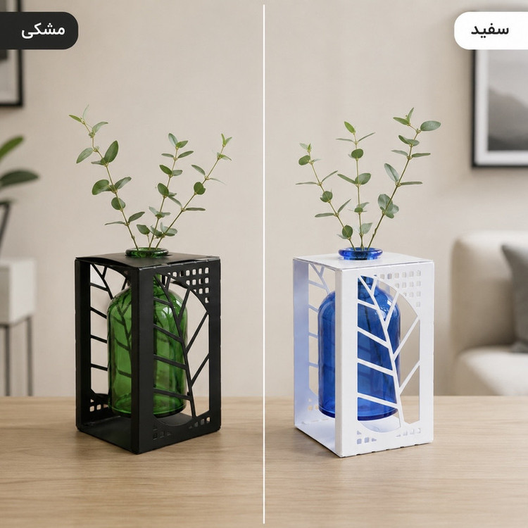 گلدان دکوری فلزی مدل مونزا مینیمال ضدخش و ضدآب رومیزی و ایستاده با بطری شیشهای 9×9×14 سانتیمتر وزن 570 گرم